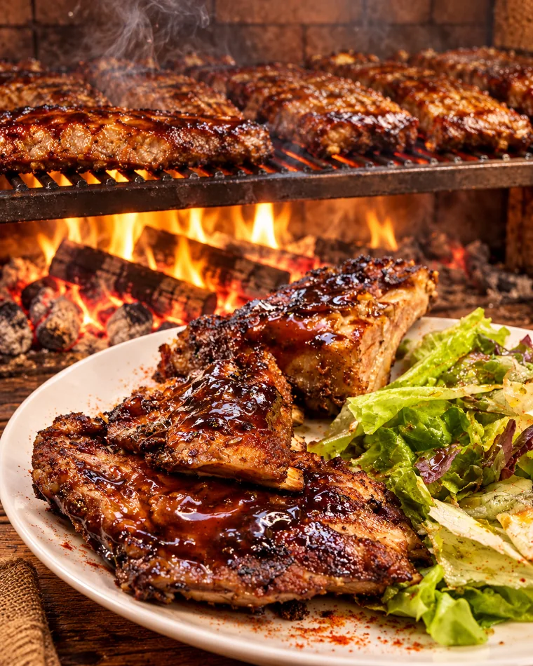 Costillas BBQ recién salidas de la parrilla, servidas con ensalada, y la brasa al fondo