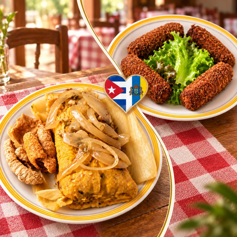 Un tamal cubano y unas croquetas de gofio, servidos en dos platos sobre el mantel de cuadros